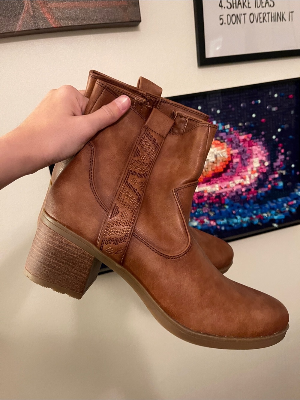 BareTraps Cognac Brown Pull-On Ankle Booties with Block Heel